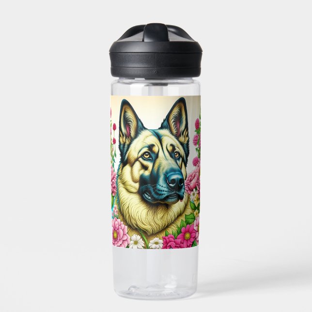 Deutscher Schäferhund in rosa Blume Kunst Trinkflasche (Vorderseite)
