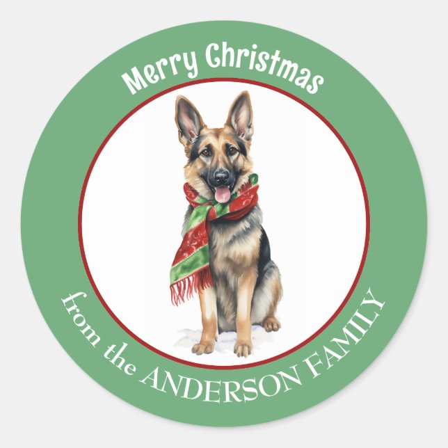 Deutscher Schäferhund in Rot und Grün Weihnachtsli Runder Aufkleber (Vorderseite)