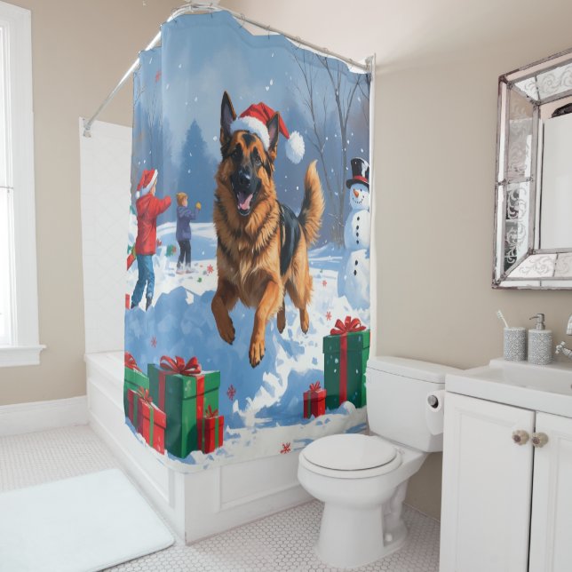 Deutscher Schäferhund läuft mit Weihnachtshut im S Duschvorhang (Beispiel)