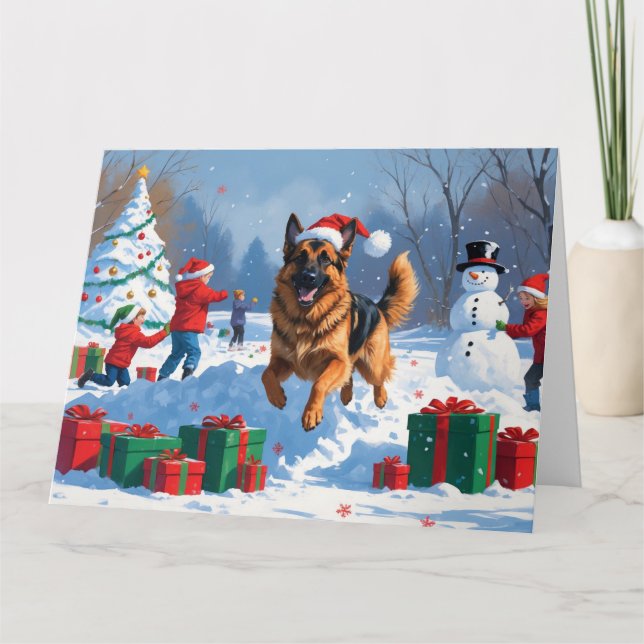 Deutscher Schäferhund läuft mit Weihnachtshut im S Karte (Vorderseite)