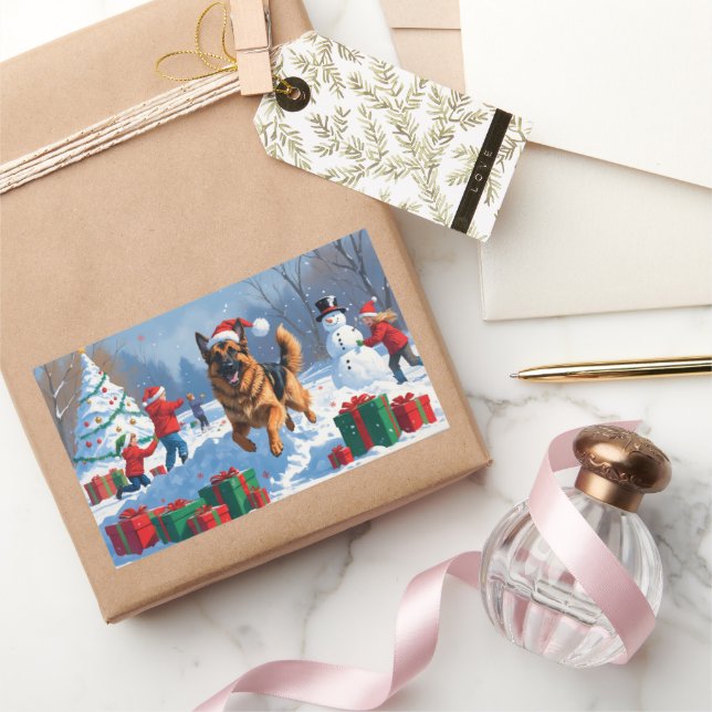 Deutscher Schäferhund läuft mit Weihnachtshut im S Rechteckiger Aufkleber (Schenken)