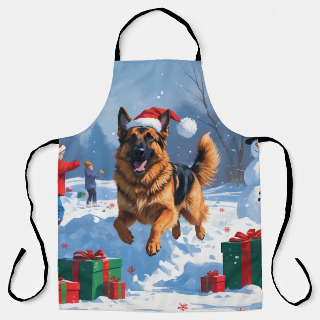 Deutscher Schäferhund läuft mit Weihnachtshut im S Schürze (Vorderseite)