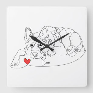 Deutscher Schäferhund mit Ball-Linienkunst mit Nam Quadratische Wanduhr