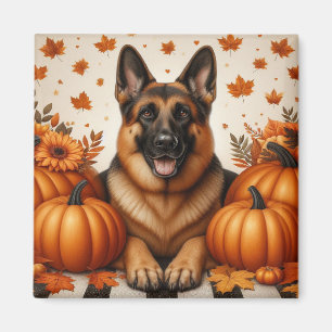 Deutscher Schäferhund mit Kürbissen und Herbstlaub Magnet