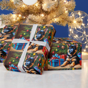 Deutscher Schäferhund mit Weihnachtsbaum und Gesch Geschenkpapier