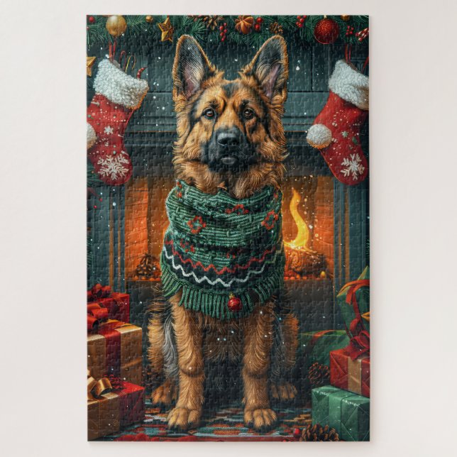 Deutscher Schäferhund mit Weihnachtsgeschenken Feu (Vertikal)