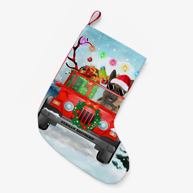 Deutscher Schäferhund mit Weihnachtsgeschenken Kleiner Weihnachtsstrumpf (Vorderansicht (hängend))
