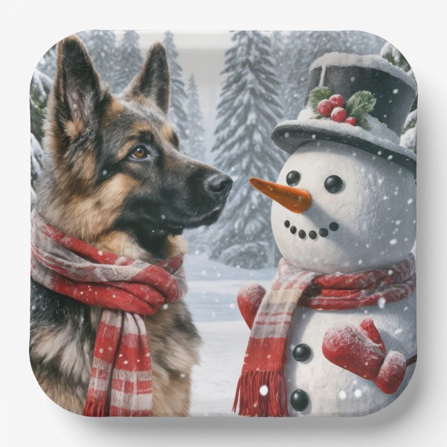 Deutscher Schäferhund mit Weihnachtsschneemann Pappteller (Vorderseite)