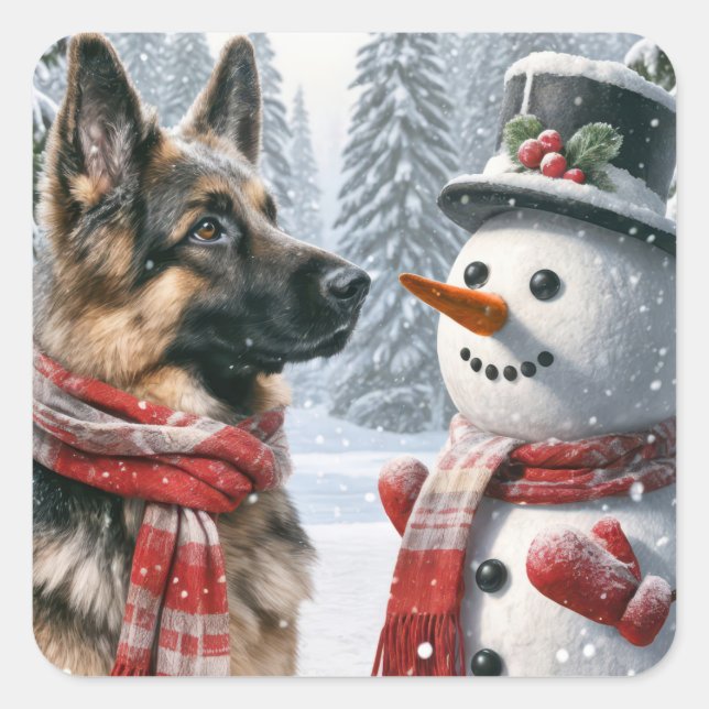 Deutscher Schäferhund mit Weihnachtsschneemann Quadratischer Aufkleber (Vorderseite)