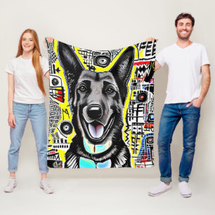 Deutscher Schäferhund Pop Kunst mit GSD, Gelb Blau Fleecedecke