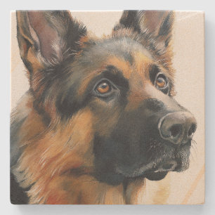 Deutscher Schäferhund-Porträt Aquarell Steinuntersetzer