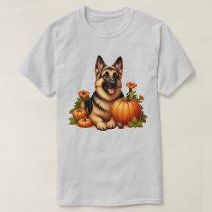 Deutscher Schäferhund ruht mit Kürbissen und Blume T-Shirt