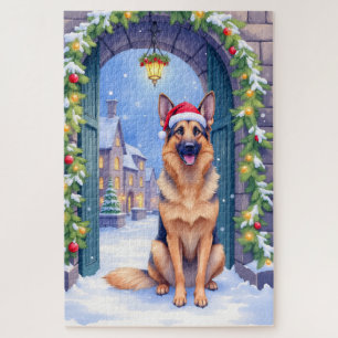 Deutscher Schäferhund Schnee Stadttor Weihnachtsma