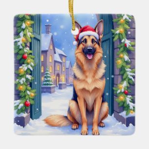 Deutscher Schäferhund Schneestadt Tor Weihnachtsma Keramikornament