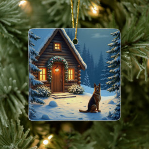Deutscher Schäferhund Schneewald Hütte Weihnachten Keramikornament