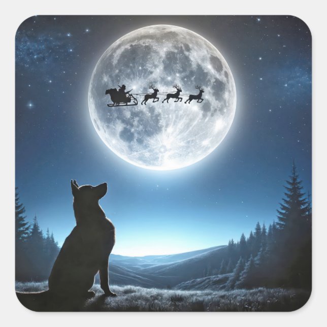 Deutscher Schäferhund sieht Weihnachtsmann und Ren Quadratischer Aufkleber (Vorderseite)