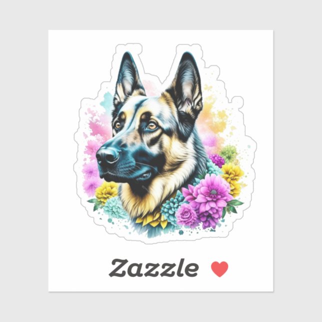 Deutscher Schäferhund umgeben von Blume Aufkleber (Blatt)