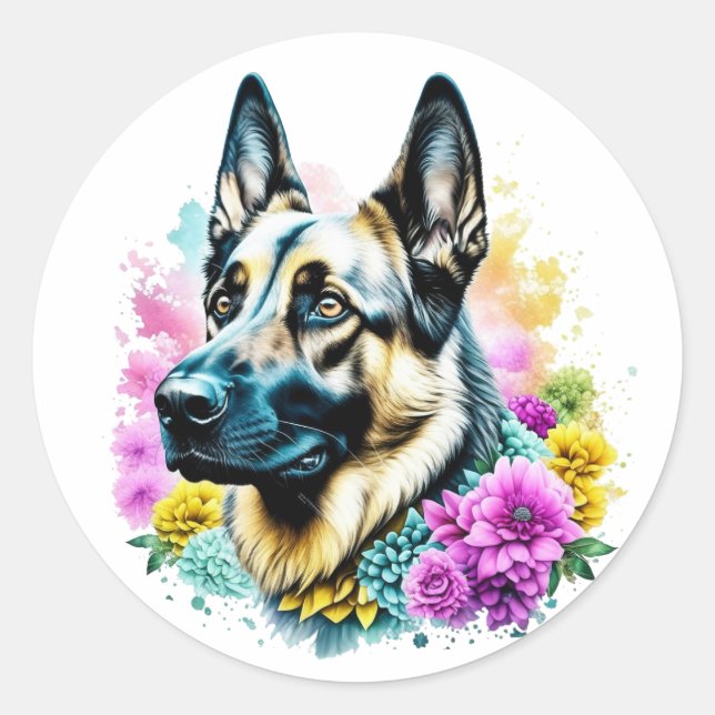Deutscher Schäferhund umgeben von Blume Runder Aufkleber (Vorderseite)