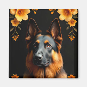 Deutscher Schäferhund umgeben von lebendigen Blume Magnet
