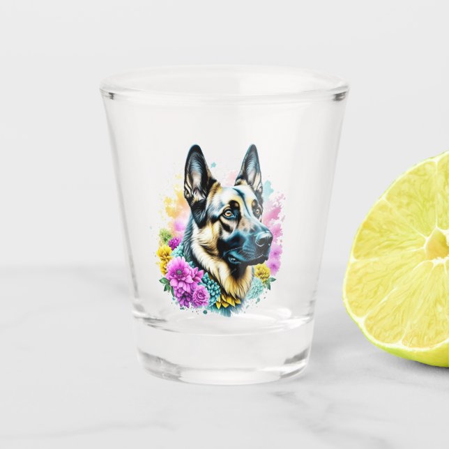 Deutscher Schäferhund und Blume ai art Schnapsglas (Vorderseite)