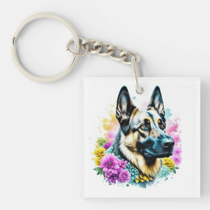 Deutscher Schäferhund und Blumen AI-Kunst Personal Schlüsselanhänger