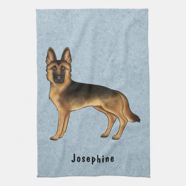 Deutscher Schäferhund und Individuelle Name blau Geschirrtuch (Vertikal)