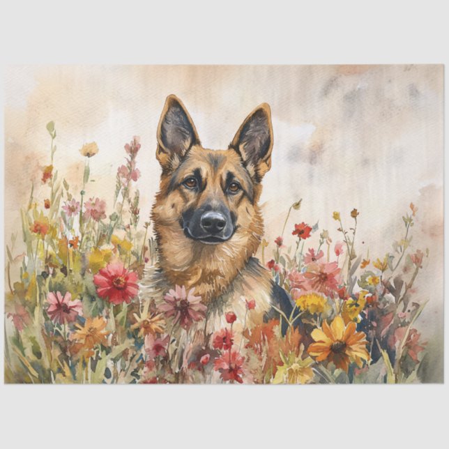 Deutscher Schäferhund unter den Wildblumen Dekoupa Seidenpapier (Vorderseite)