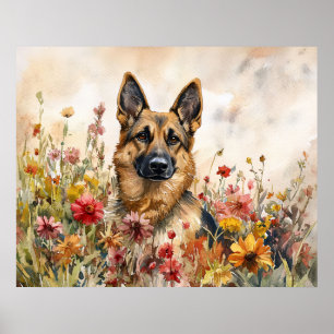 Deutscher Schäferhund unter lebendigen Wildblumen Poster