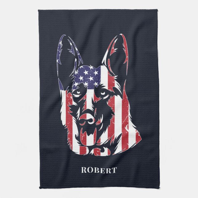 Deutscher Schäferhund USA-Flagge Custom Geschirrtuch (Vertikal)