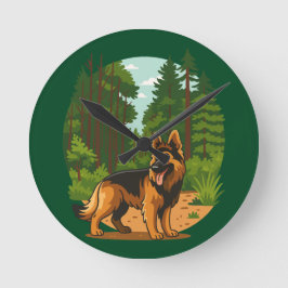 Deutscher Schäferhund Wald Abenteuer Hund Runde Wanduhr