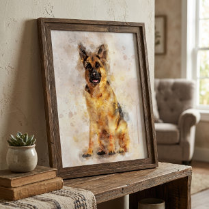 Deutscher Schäferhund Wasserfarben-Hundeporträt-Ku Fotodruck