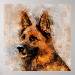 Deutscher Schäferhund Wasserfarbenportrait 04 Poster