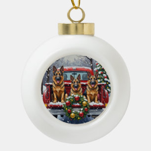 Deutscher Schäferhund Weihnachten Rotes Lastwagen Keramik Kugel-Ornament