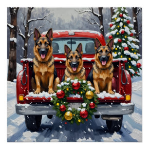Deutscher Schäferhund Weihnachten Rotes Lastwagen Poster