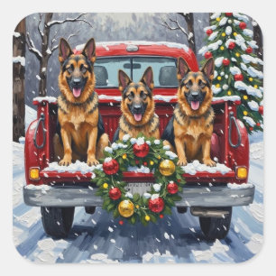 Deutscher Schäferhund Weihnachten Rotes Lastwagen Quadratischer Aufkleber