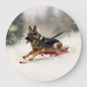 Deutscher Schäferhund Weihnachten Schnee Winter Große Wanduhr