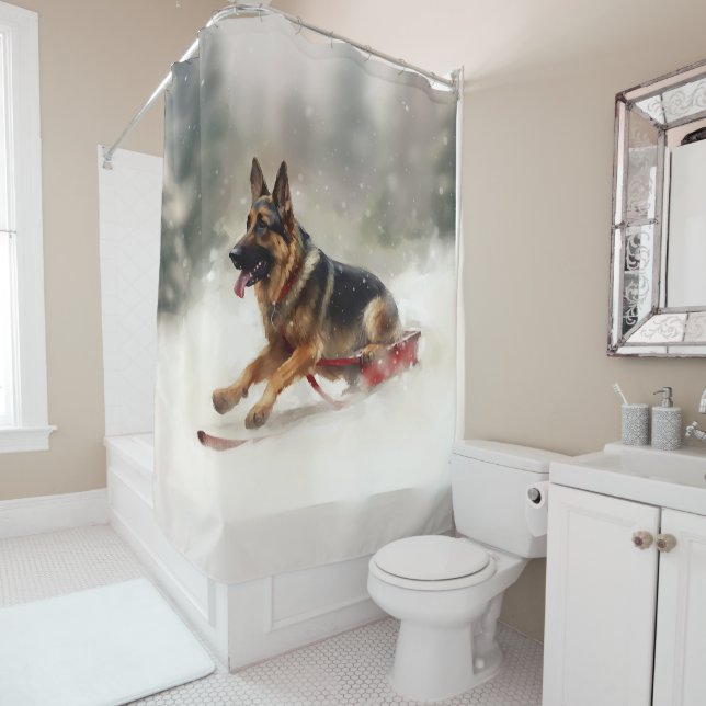 Deutscher Schäferhund Weihnachtsschnee im Winter Duschvorhang (Beispiel)