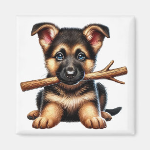 Deutscher Schäferhund-Welpe hält einen Stock im Ma Magnet