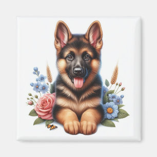 Deutscher Schäferhund-Welpe mit Blumen Magnet