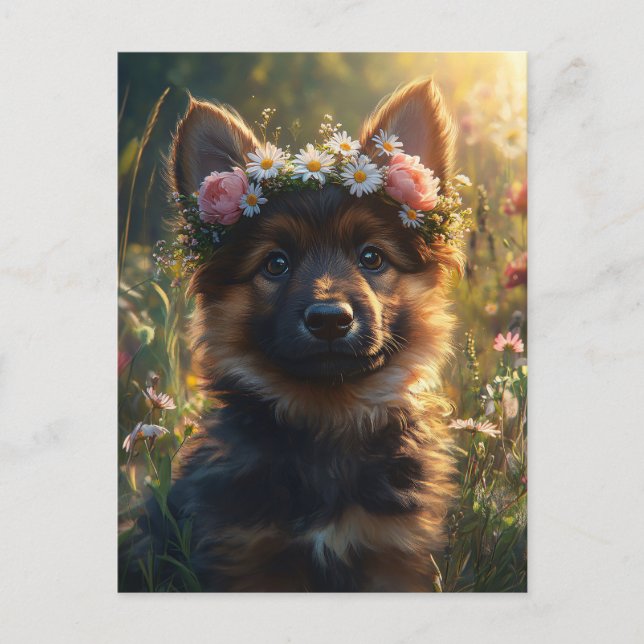Deutscher Schäferhund-Welpe mit Blumenkrone Postkarte (Vorderseite)