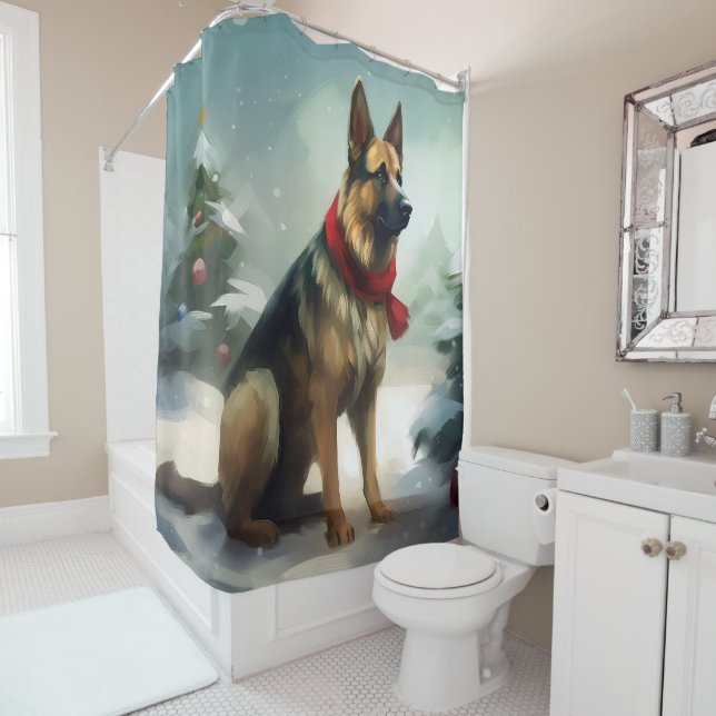 Deutscher Schäferhund zu Weihnachten im Schnee Duschvorhang (Beispiel)