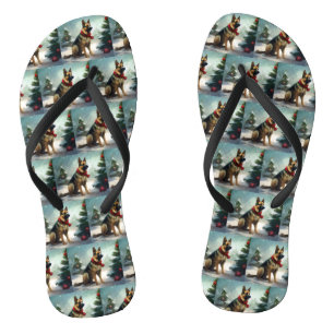 Deutscher Schäferhund zu Weihnachten im Schnee Flip Flops
