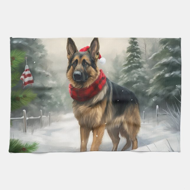 Deutscher Schäferhund zu Weihnachten im Schnee Geschirrtuch (Horizontal)