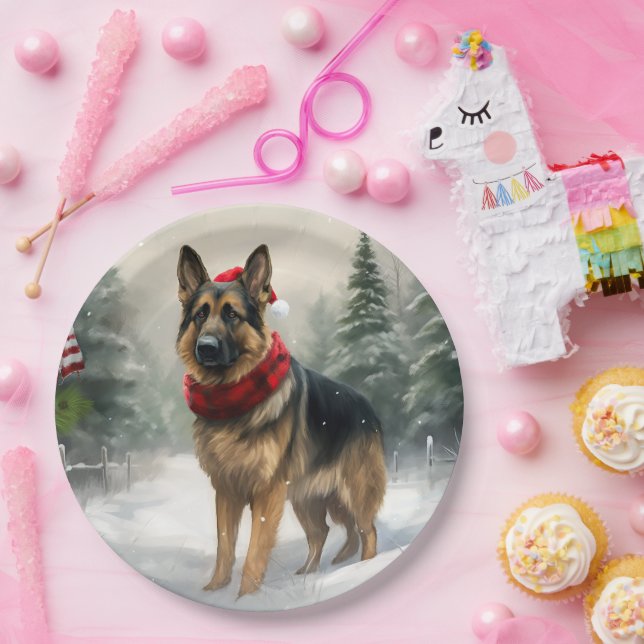 Deutscher Schäferhund zu Weihnachten im Schnee Pappteller (Party)