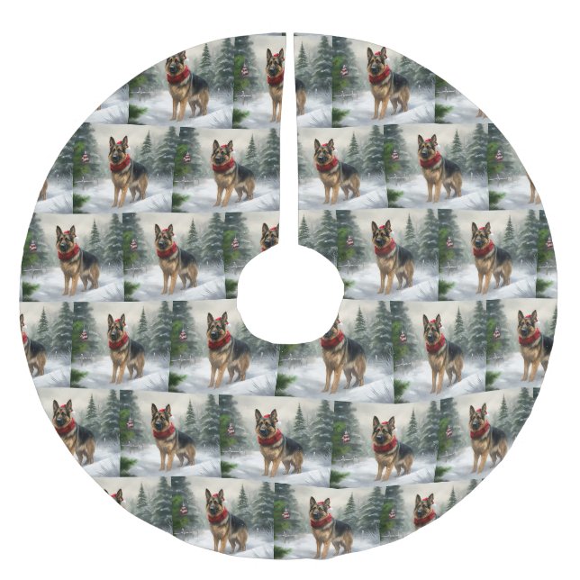 Deutscher Schäferhund zu Weihnachten im Schnee Polyester Weihnachtsbaumdecke (Vorderseite)