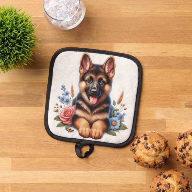 Deutscher Schäferpuppy mit Blume Topflappen (Oben Unten)