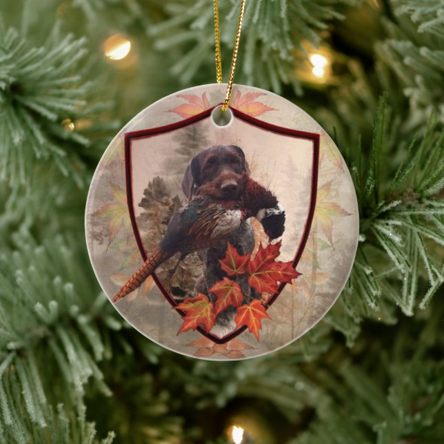 Deutsches Drahthaar Pointer mit Fasan der Jagd Keramik Ornament (Baum)