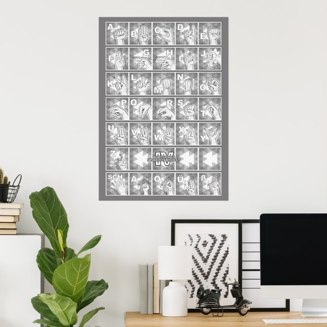 Deutsches Fingeralphabet 4 - grau / Poster (Heimbüro)