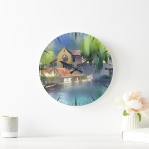 Deutsches Flussdorf Aquarell   Große Wanduhr