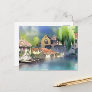 Deutsches Flussdorf Aquarell Postkarte